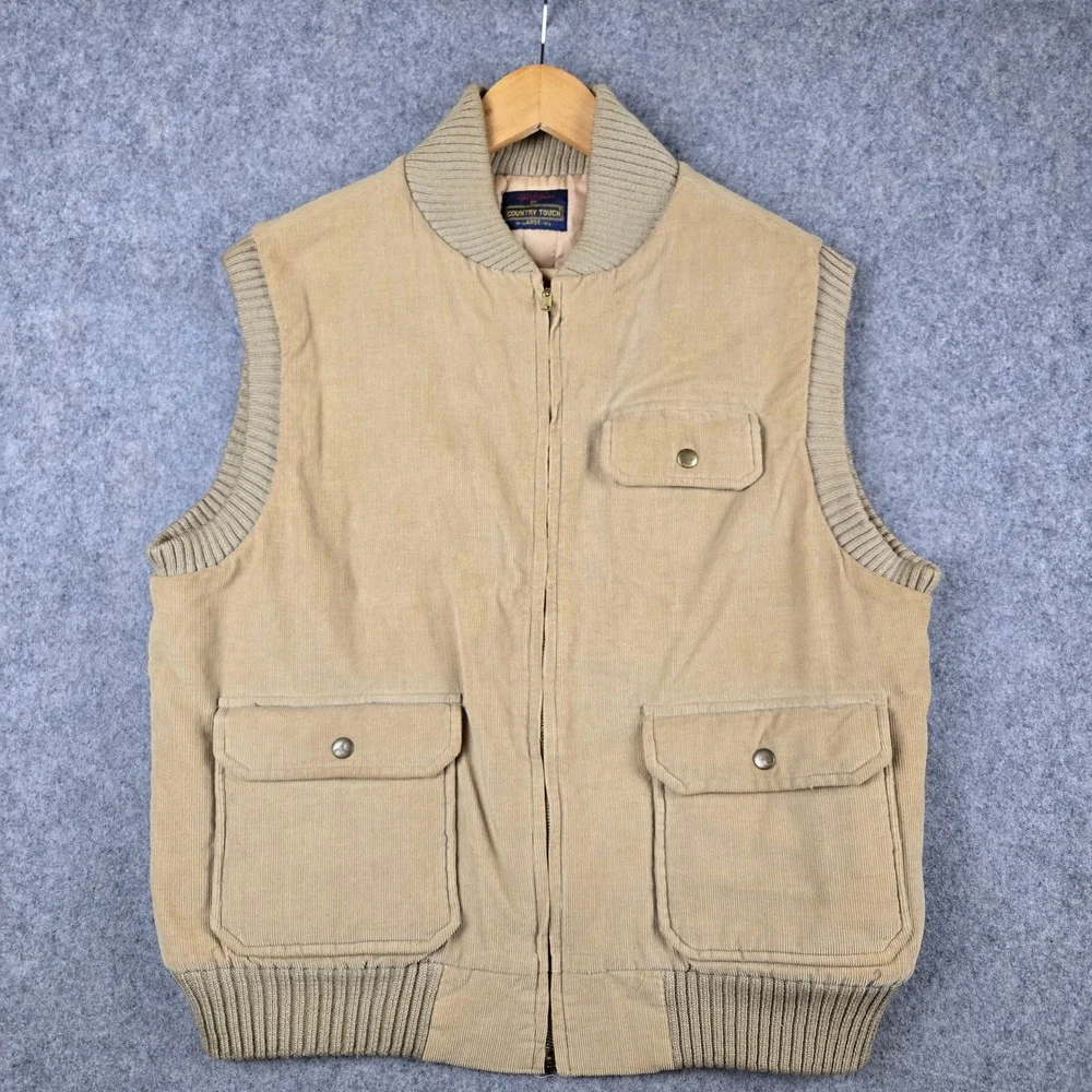 Vtg 70s Country Touch Corduroy Vest Mens L Tan Quilted Trim Workwear Western